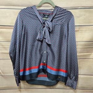 Tommy Hilfiger Navy Satin Collared Button Down Flowy Women's Blouse Size Medium